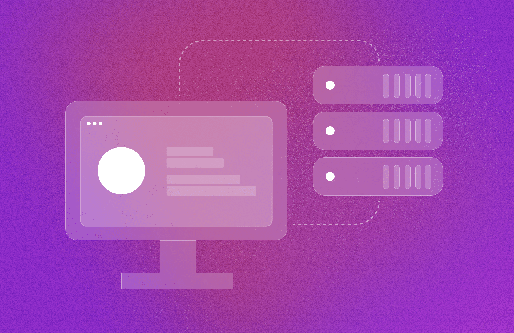 Illustration of a computer monitor displaying data connected to three server units on the right against a purple gradient background.