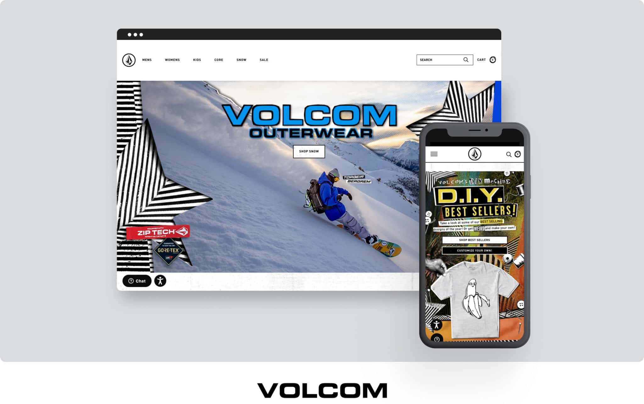 Volcom homepage and mobile view