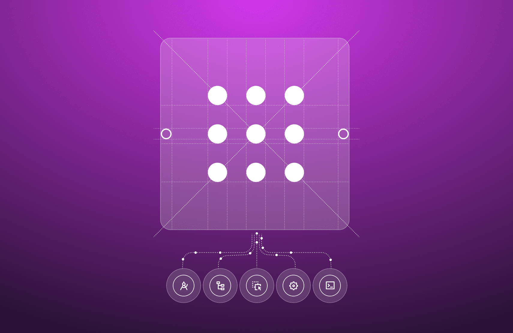 A central grid of nine white circles is connected by a dotted line to five circular icons in a row at the bottom, on a purple background.