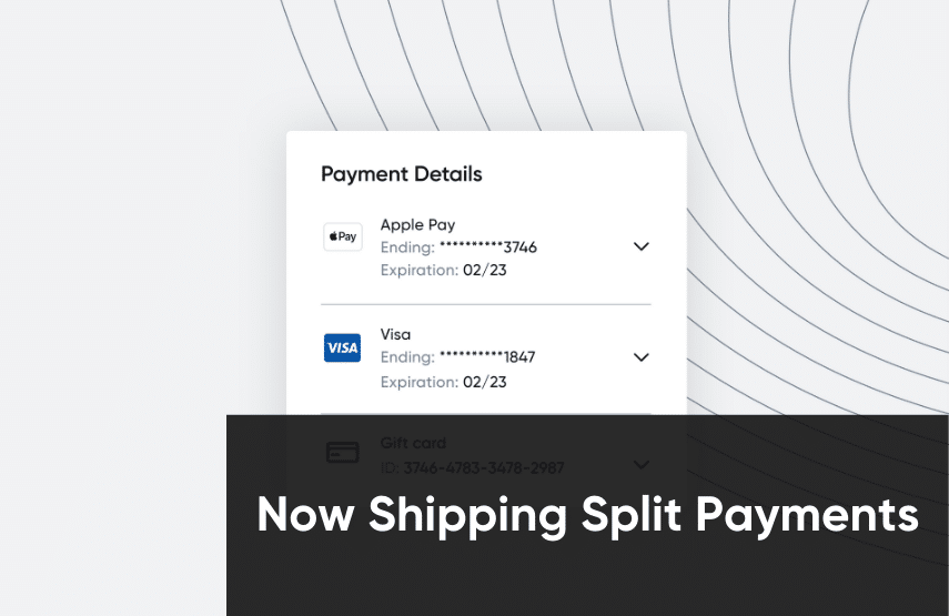 Payment details screen showing two saved payment methods: Apple Pay and Visa. Text overlay reads "Now Shipping Split Payments.