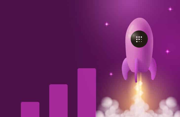 Rocket lifting off with purple bars of success.