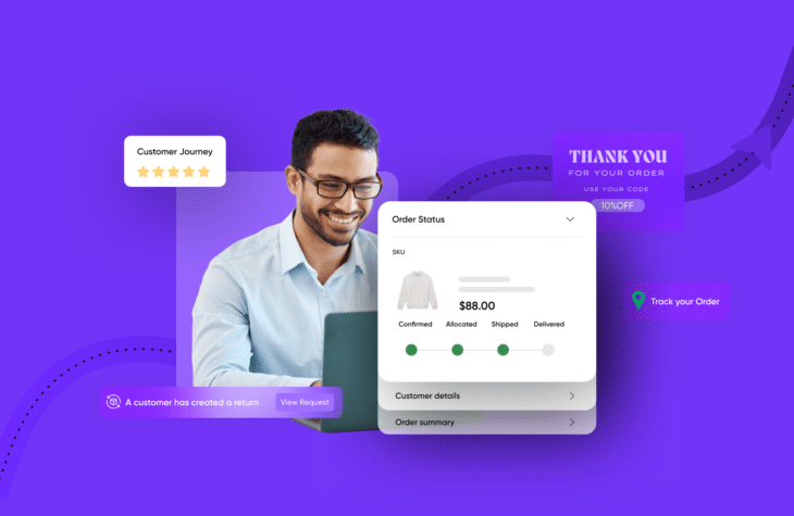 post-purchase-experience graphic with man smiling wearing glasses