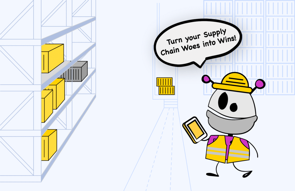 Illustration of a cartoon character wearing a hard hat and safety vest, holding a tablet, standing in a warehouse with industrial shelves. Speech bubble says, "Turn your Supply Chain Woes into Wins with Inventory Management Tips!