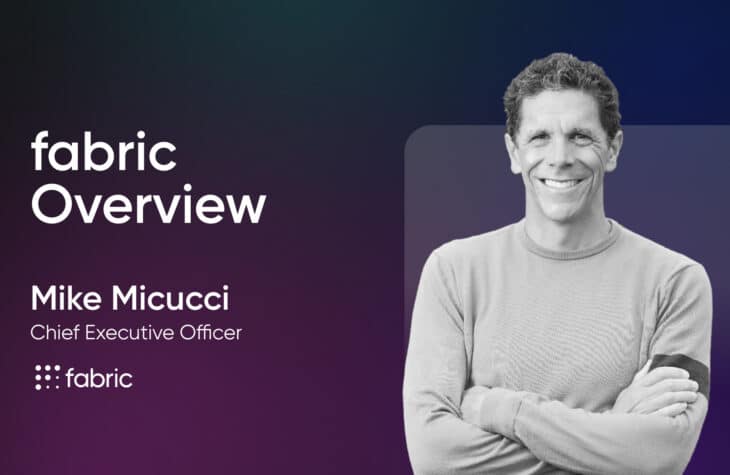 Image of a Fabric Overview presentation slide featuring Mike Micucci, Chief Executive Officer of Fabric, alongside his photo. The background transitions from dark purple to blue.