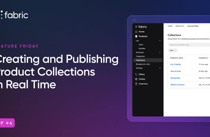 Screenshot of a Fabric UI for creating and publishing product collections in real-time, featuring options like 'New Arrivals' and 'Holiday Collection' on a tablet display.