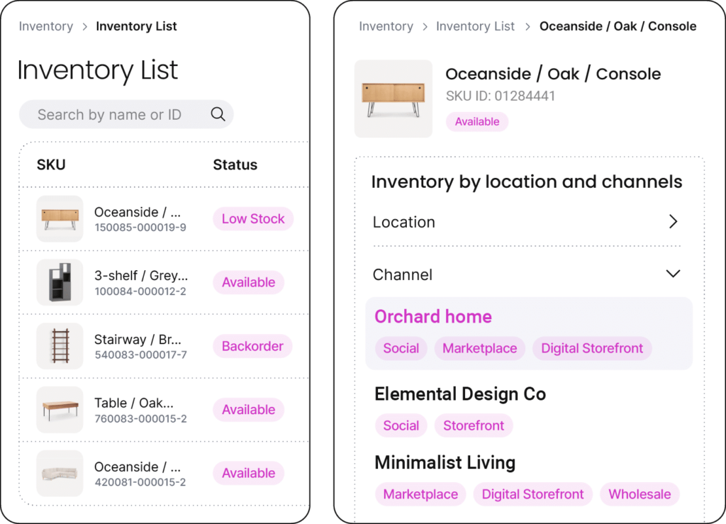 A mobile application screen featuring an organized inventory list and a corresponding shopping list for user convenience.