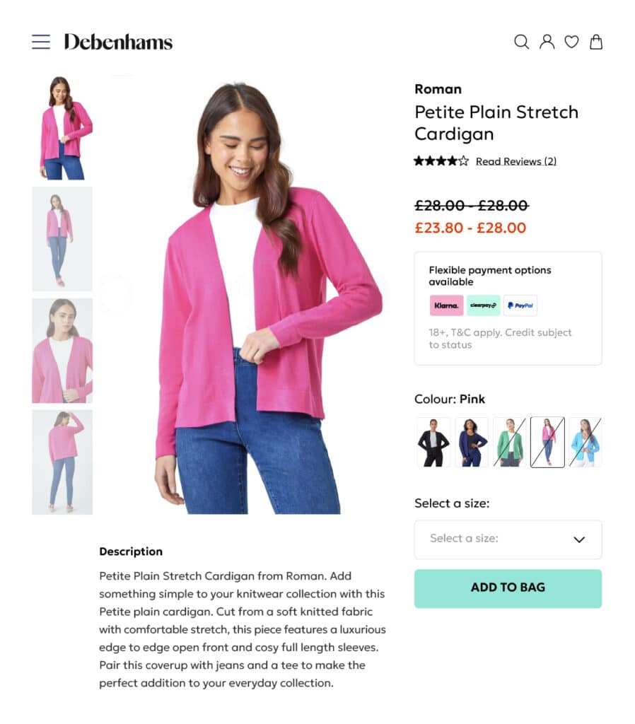 A pink cardigan showcased on Debenhams website, highlighting its soft texture and stylish design for online shoppers.