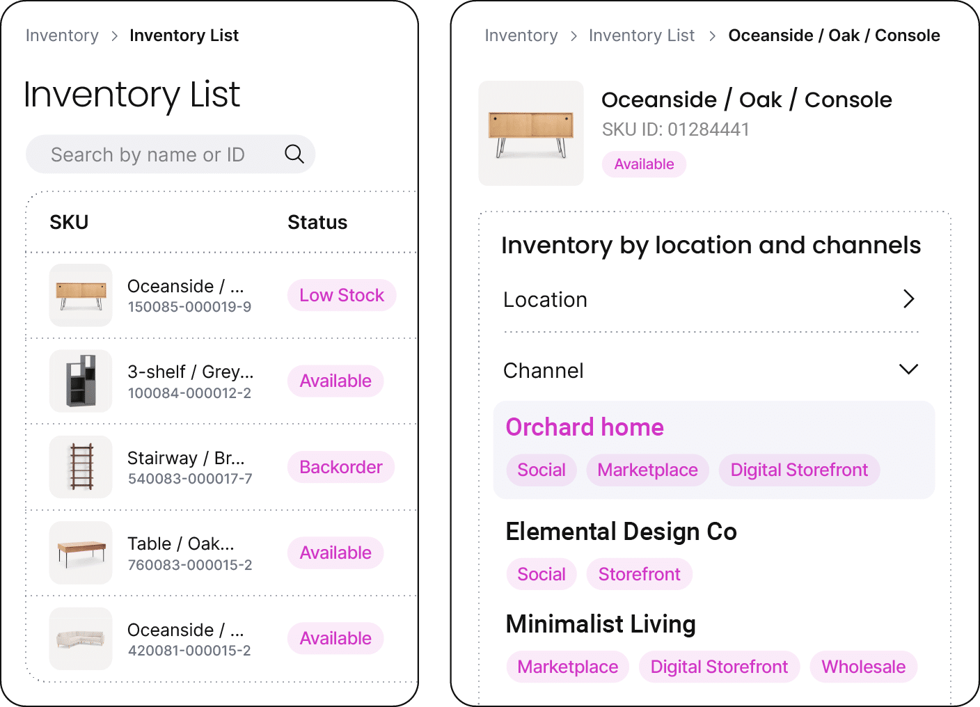 An app interface displaying an inventory list alongside a shopping list, emphasizing real-time inventory updates.