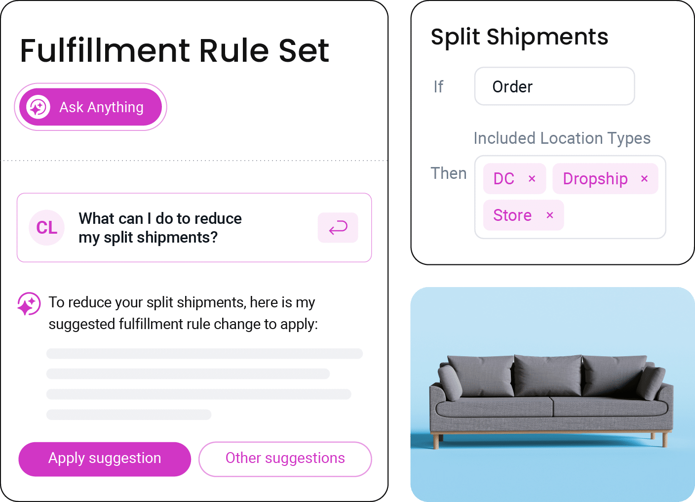 Screenshot displaying fulfillment rule settings aimed at minimizing split shipments for efficient order fulfillment