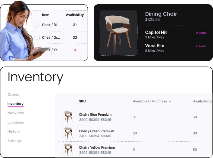 A woman checks her app to review the inventory status of a chair, showcasing modern technology in furniture management.