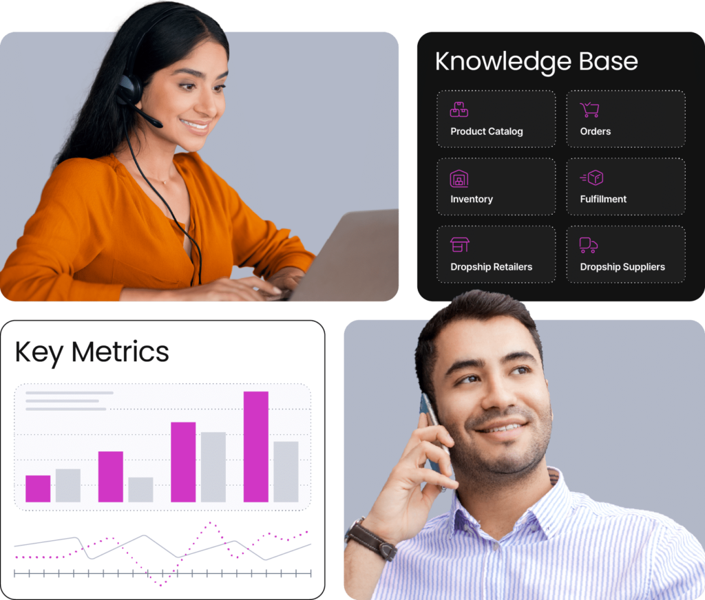 Image depicting customer support agents, key metrics and easy access to docs