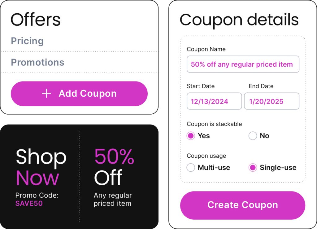 fabric software product image that shows how you can give shoppers focused discounts, promos, and coupons and control how, when, and where they are used