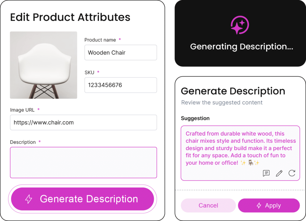 fabric AI software analyzes some product data, and generates a personalized product description optimized for SEO