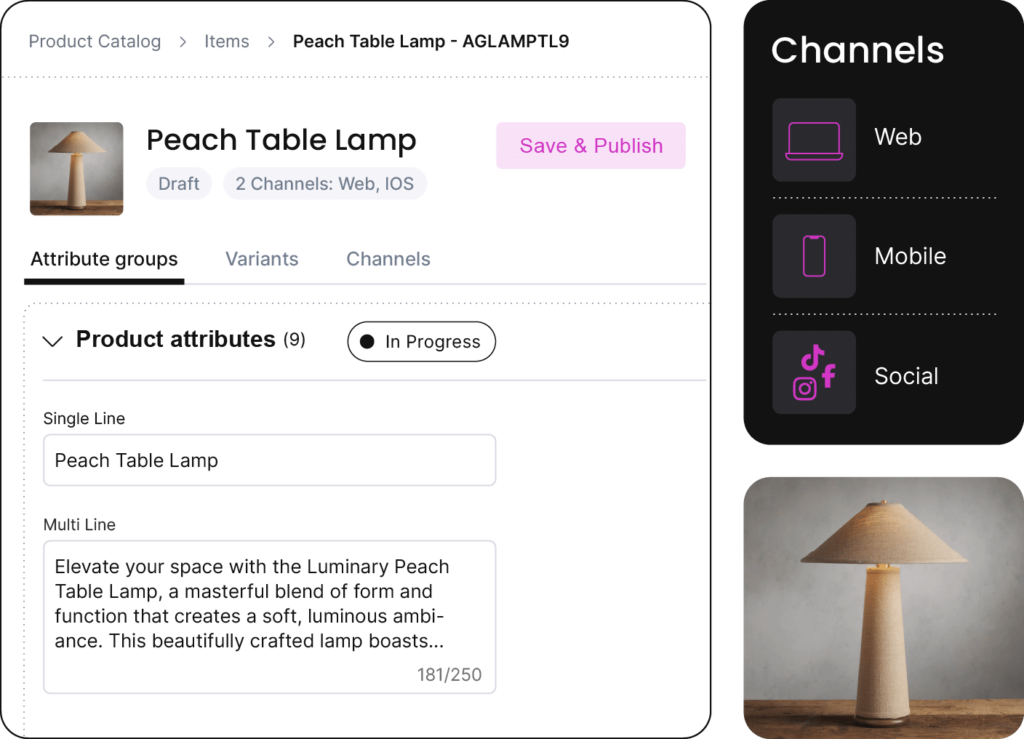 fabric software screen showing how to import product data from any source and consolidate into one centralized system, enriched with attributes and variants