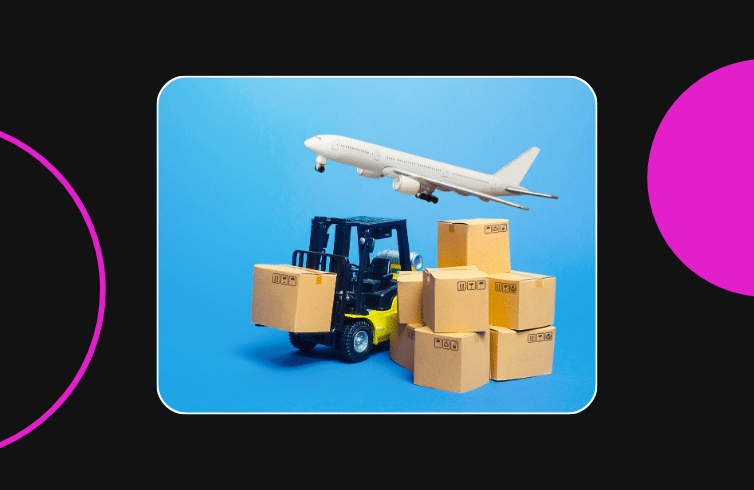 A forklift moving boxes and an airplane flying above it